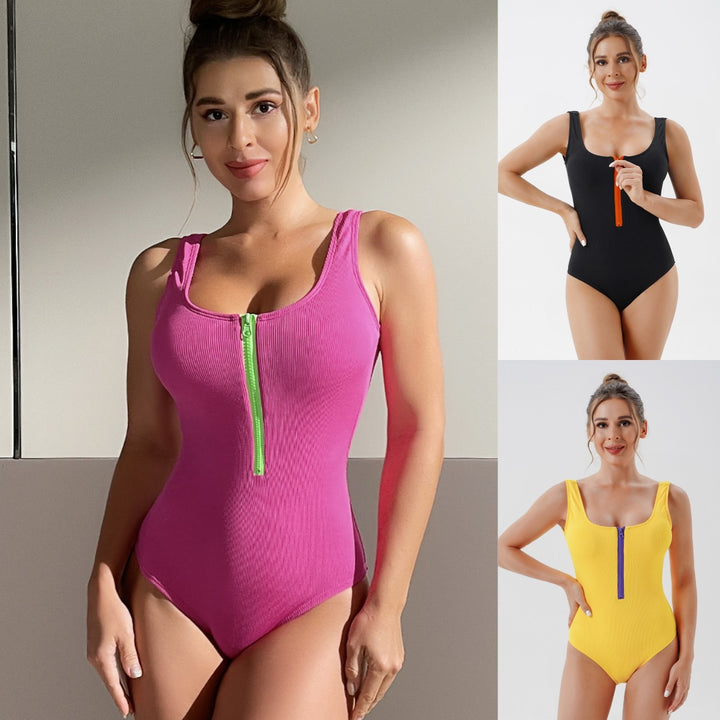 Dame Én-delt Zipper-badedragt med struktureret materiale og brede stropper Stilla