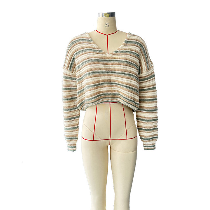 Damer afslappet strikpullover med bred V-halsudskæring og moderne stripes design Stilla