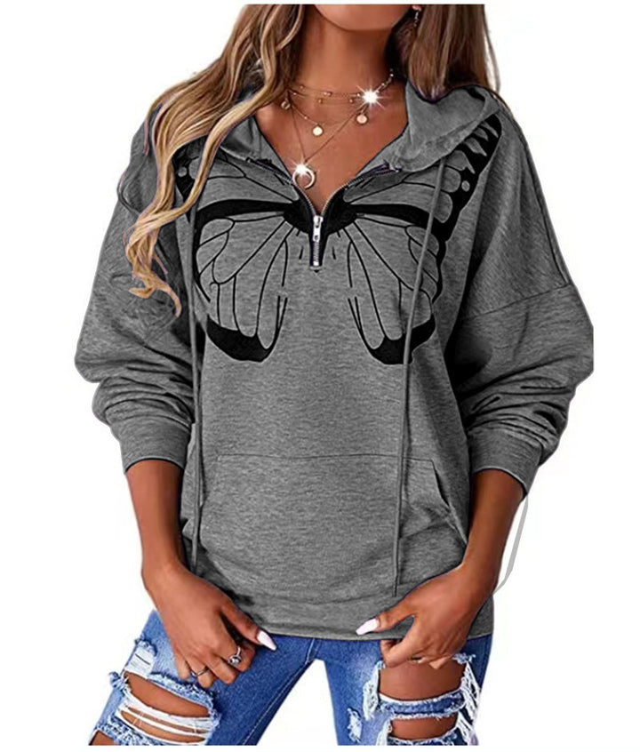 Dame Hoodie med unikt sommerfugletrykt og praktiske lynlåsdetaljer Stilla