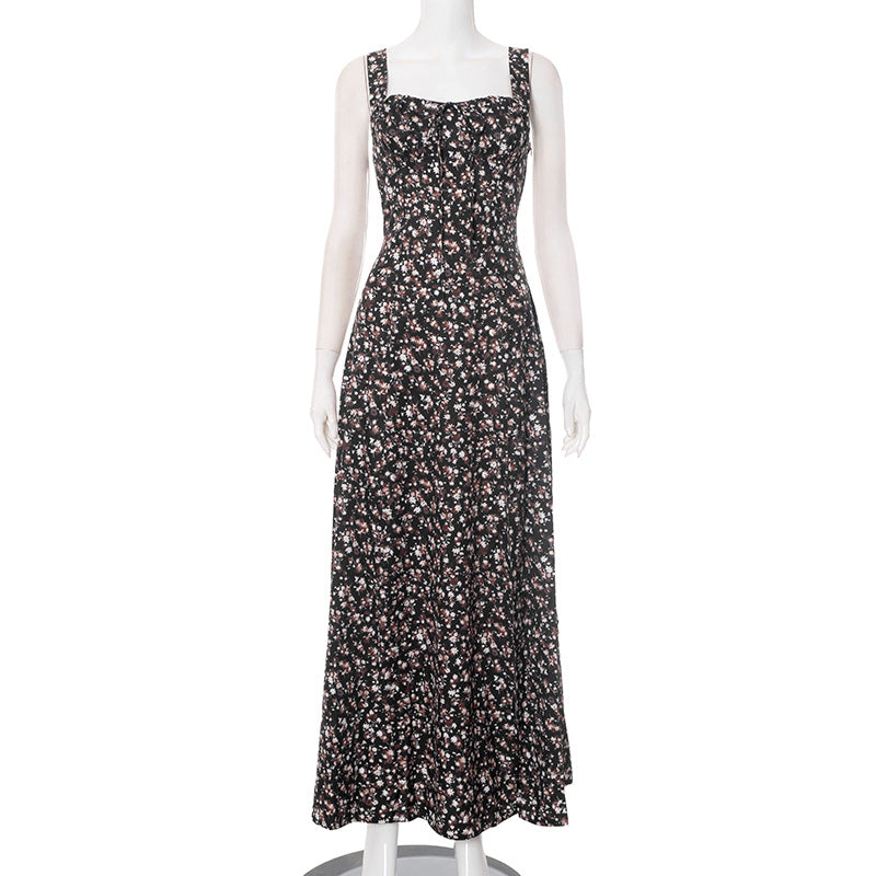 Femme Floral Print Maxi-kjole med justerbare bånd Stilla