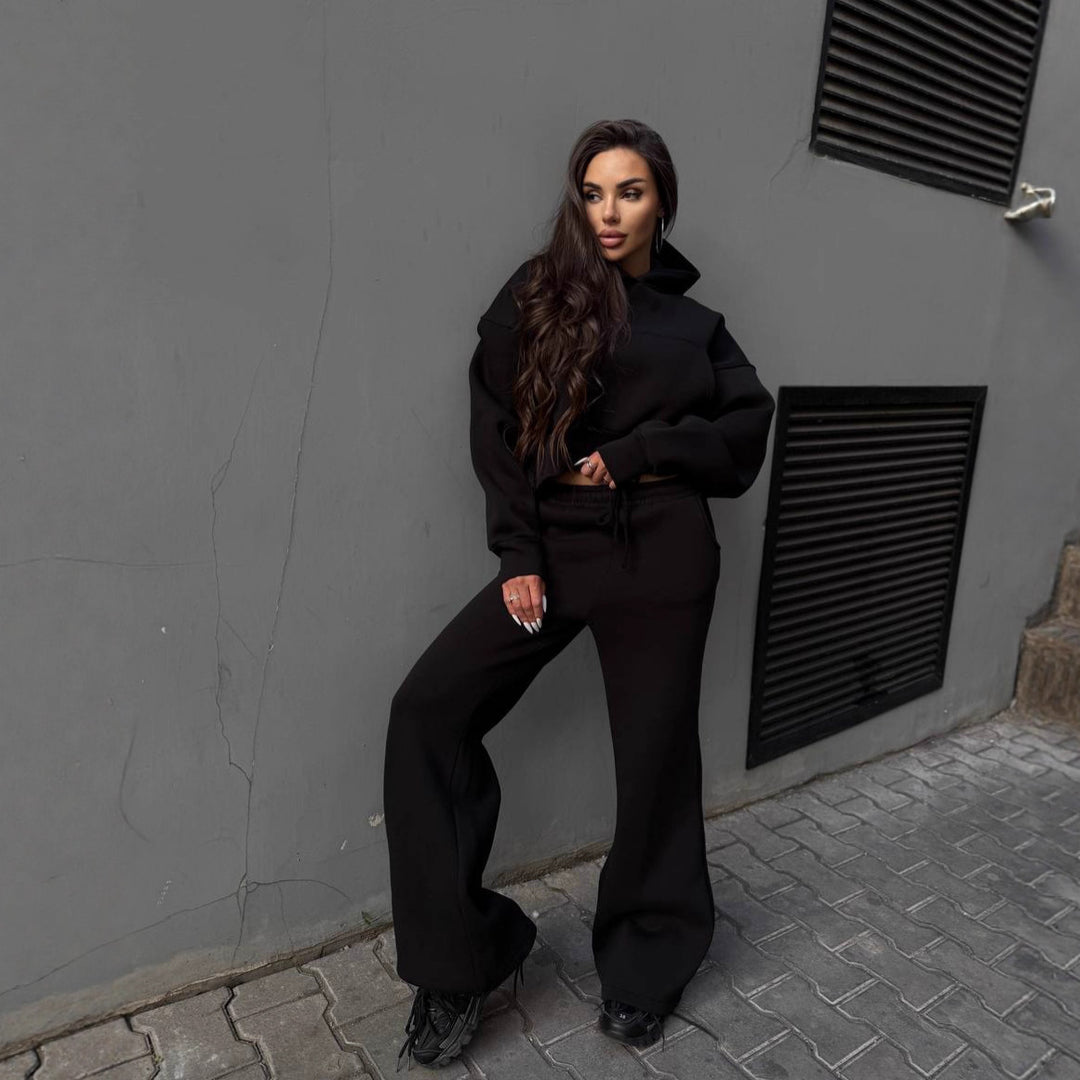 Kvinder casual cropped hoodie og bredsnit joggers sæt Skovae
