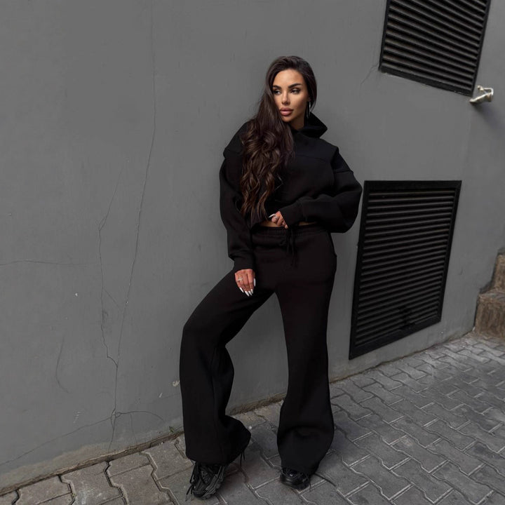 Kvinder casual cropped hoodie og bredsnit joggers sæt Skovae