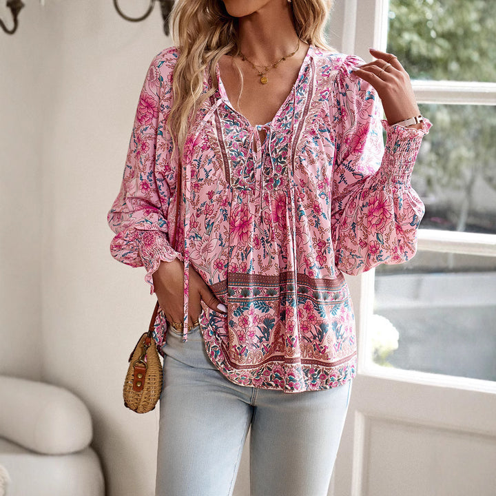 Dame Boho-stil bluse med blomsterprint og brede ærmer Stilla