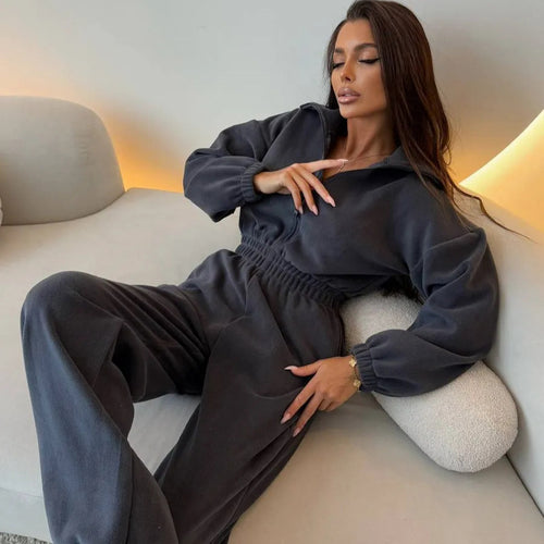 Kvinders elegante fleece jumpsuit med høj krave og elastisk talje Skovae