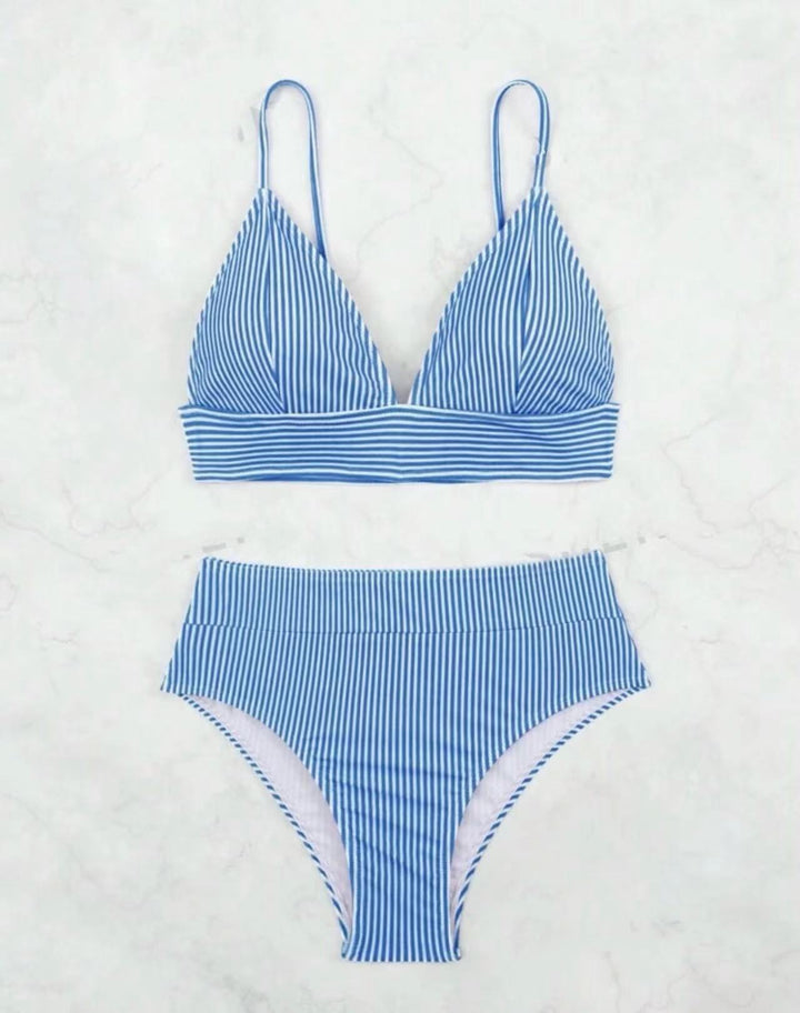 Dame Højskåret Bikini med elegant stribemønster Skovae