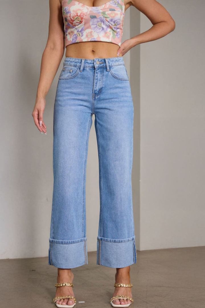 Dame brede jeans med frynset sømme og høj talje Stilla