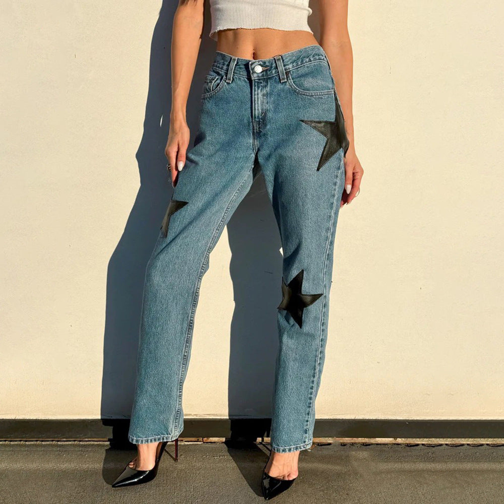 Kvindernes fashionable jeans med iøjnefaldende stjerneapplikationer Stilla