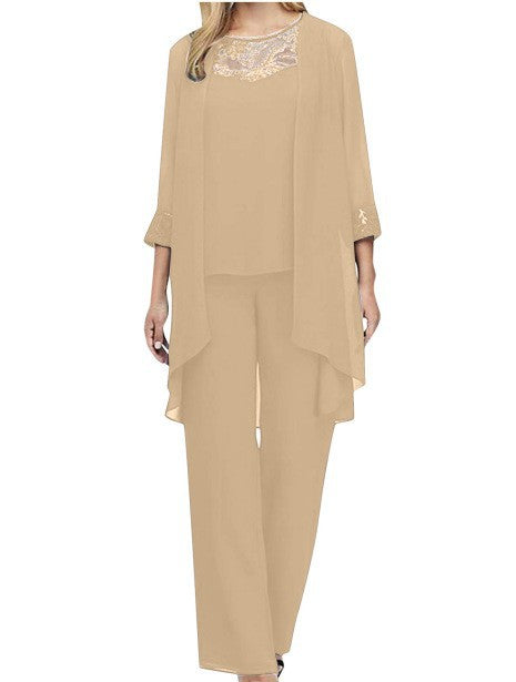 Dame nan flydende chiffon aftenensemble med spidsbesætning, kimono cardigan og bred palazzo bukser Skovae