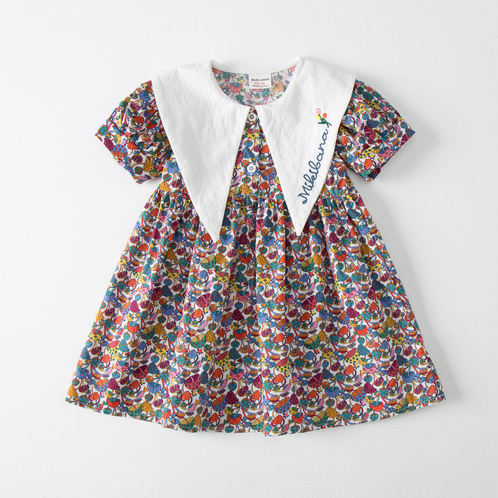 Pige Korte Ærmer Floral Print Kjole med Kontrastkrave Stilla
