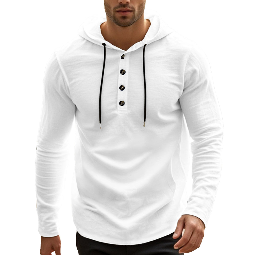 Herrer casual hættepullover i Henley-stil med knaplukning og justerbar snor Skovae