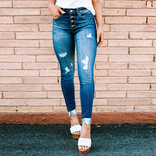 Dame High-Waist Skinny Jeans med moderne destroyed-detaljer og knaplukning Stilla