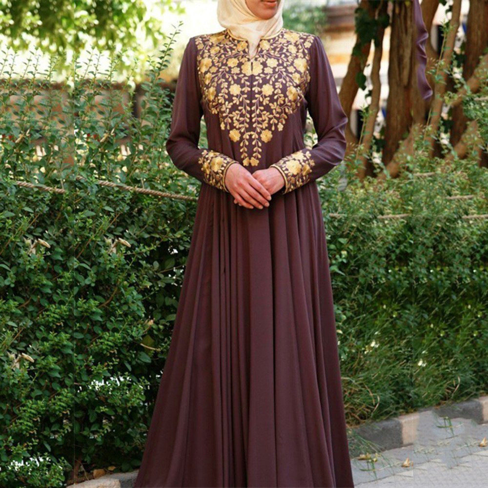 Dame Elegant Langærmet Kjole med Floral Broderi og Svingende Nederdel Stilla