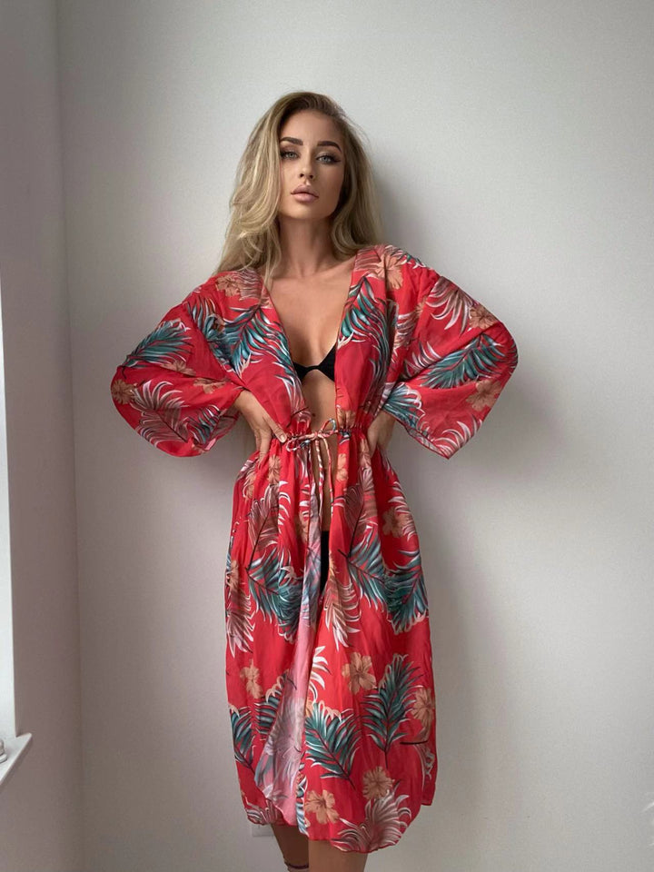 Dame let luftigt strandkimono med blomstermotiver Skovae
