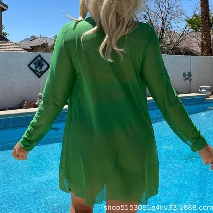 Dame bikini-sæt med vandret farvegradient og lang kimono Stilla