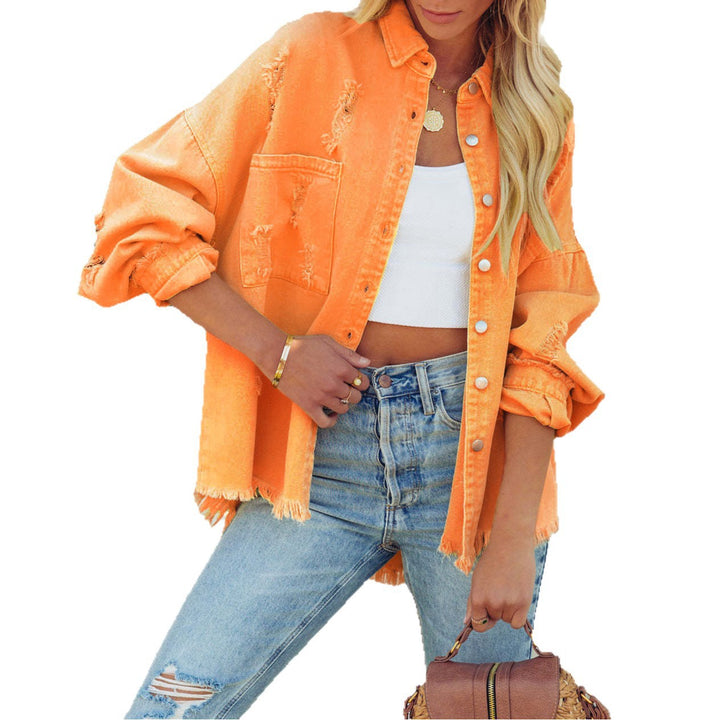 Kvindernes oversized denimjakke med frynset kant og knapbar design Stilla