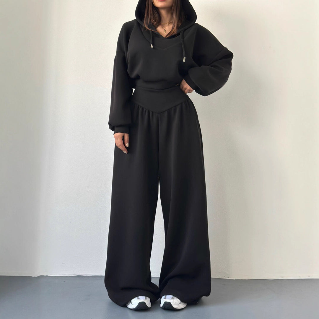 Kvinders afslappede sports loungewear sæt med cropped hoodie og brede bukser