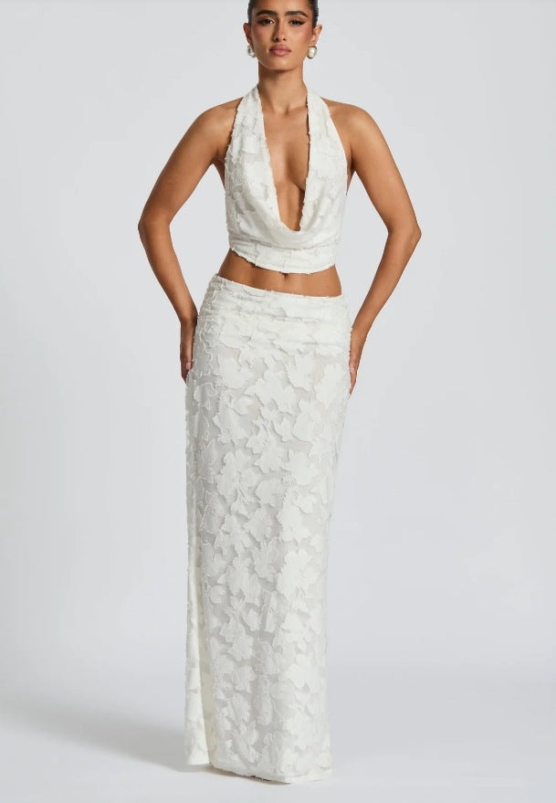 Femme Halterhals Floral Overlay Maxi Kjole Stilla