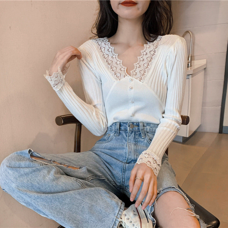 Dame Langærmet Sweater med Blonder Detaljer Stilla