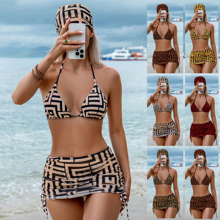 Dame triangel-bikini med indpakningskilt og grafisk mønster Skovae