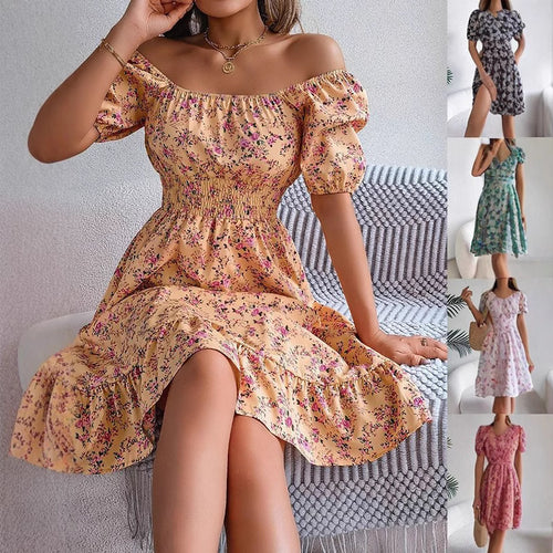 Dame Off-Shoulder Sommerkjole med Rynk og Volantærmer Stilla
