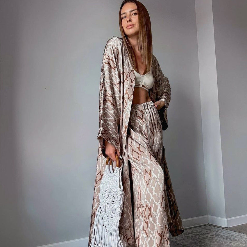 Dame Satin Kimono-Sæt med vid snit og elegante mønstre Stilla