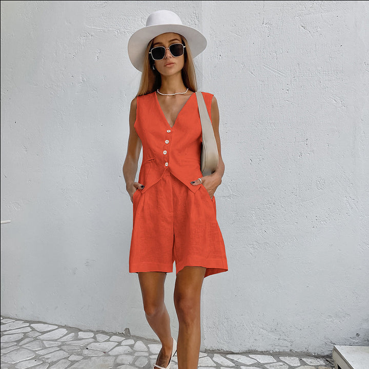 Dame traditionelt linned-sommerdragt-sæt med stilfulde knapper og brede shorts Stilla