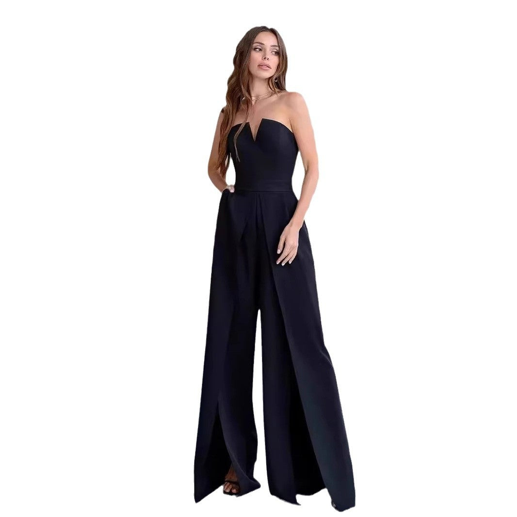 Kvinders elegante jumpsuit med dyb V-hals og flydende ben sømme