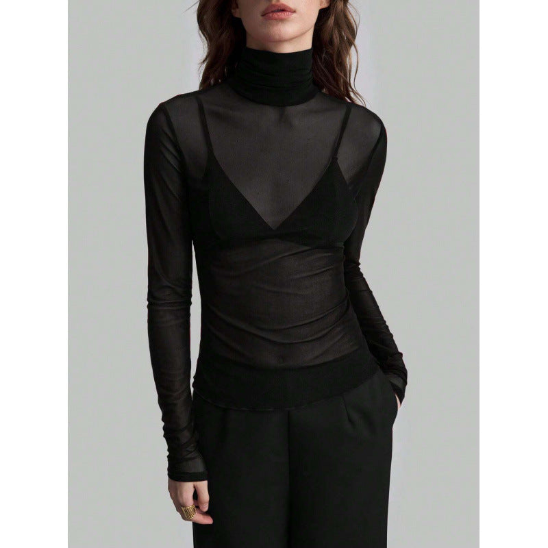 Dame Elegant langærmet transparent top med høj krave Skovae