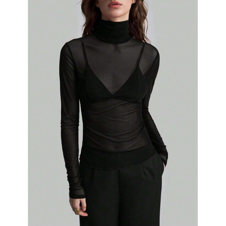 Dame Elegant langærmet transparent top med høj krave Skovae