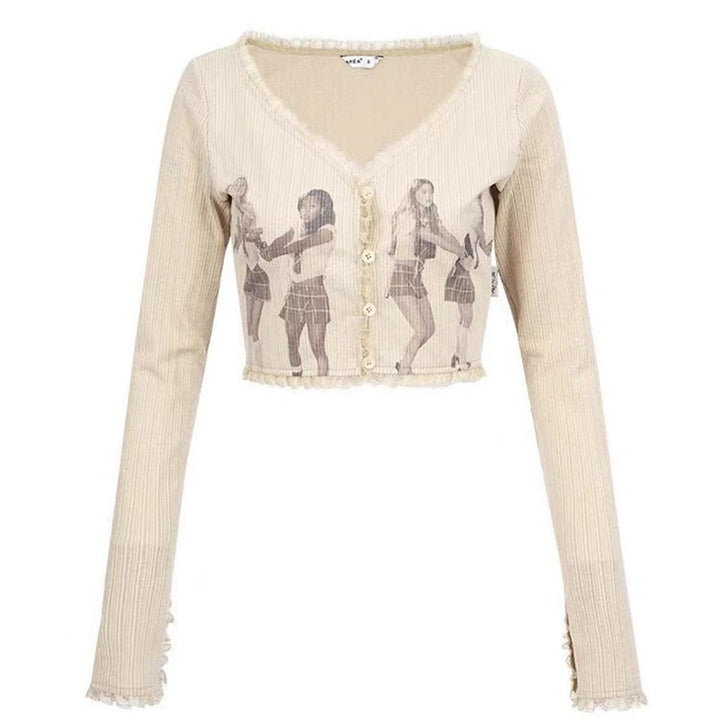Dame Cropped Cardigan med legende tryk og knapdetaljer Stilla