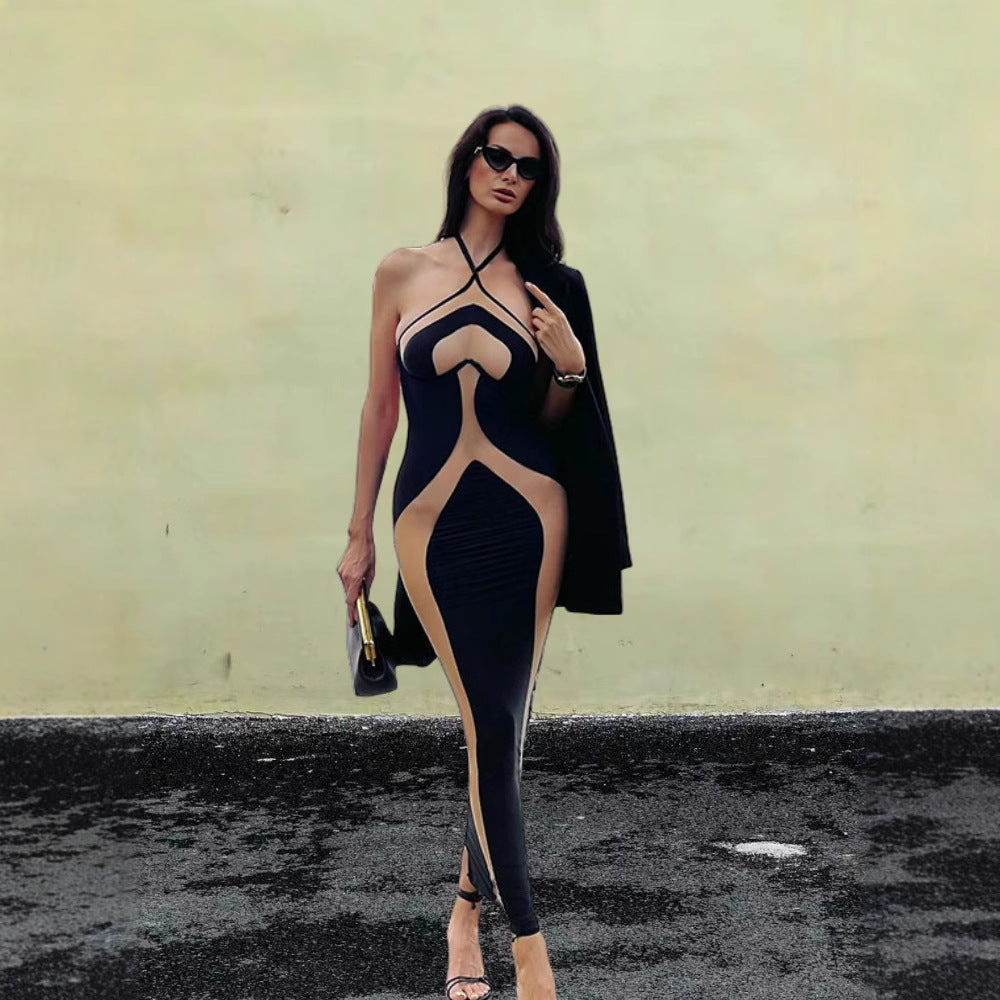 Dame Figurtilpasset Cut-Out Maxikjole med gennemsigtige indsatser og elegante detaljer Stilla