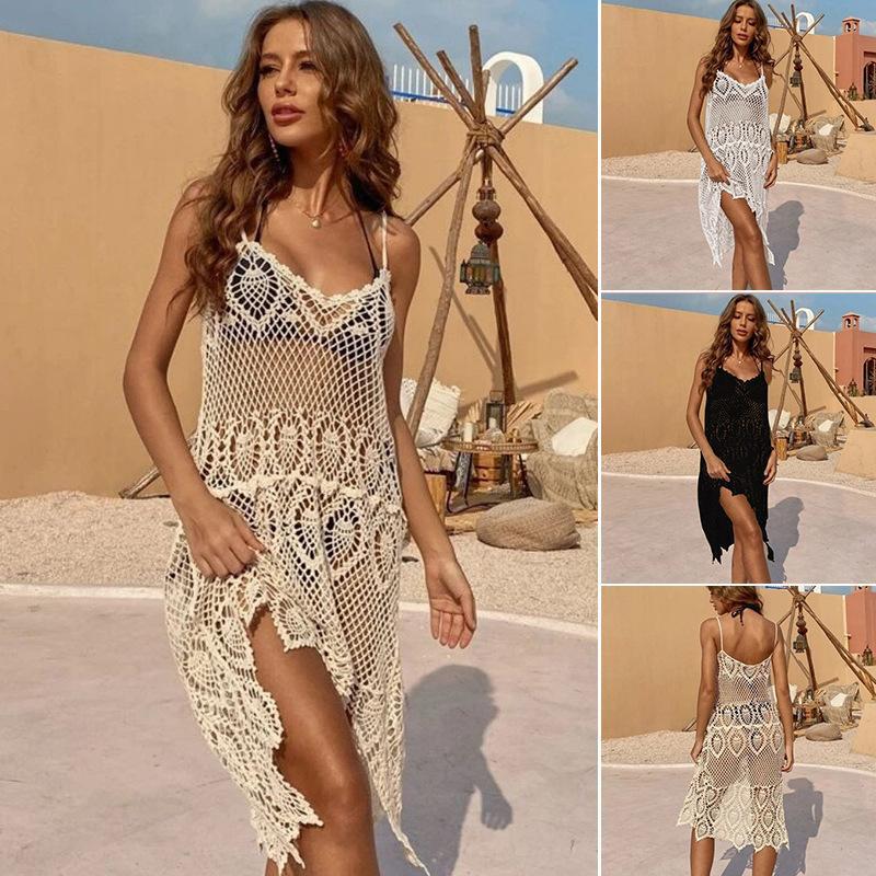 Dame hæklede strandkappe med blomstermønster og sidelæg Stilla