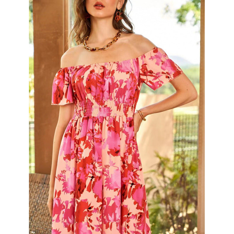 Dame Off-Shoulder Midi Kjole i floral design med elastisk overdel og voluminøs nederdel Skovae