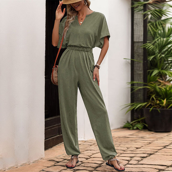 Dame Stilfuld V-Hals Jumpsuit med Elastisk Liv og Vidde Ben Stilla
