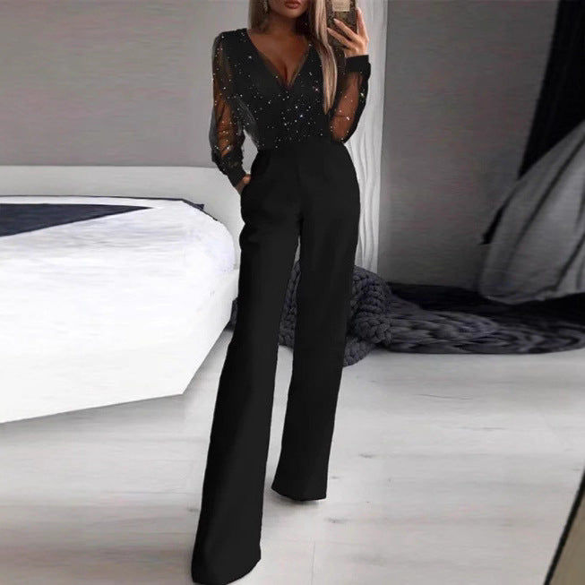 Kvinder Elegant Jumpsuit med Transparent Bluse og Glitrende Akcenter Skovae
