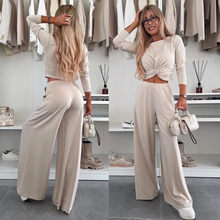 Kvinders elegante fritids sæt med crop top og bredskåret bukser