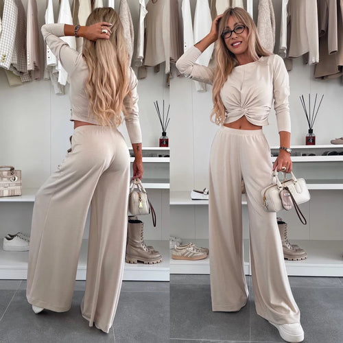 Kvinders elegante fritids sæt med crop top og bredskåret bukser