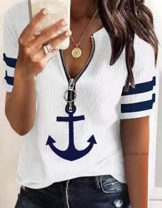 Dame Sporty T-shirt med lynlås og maritime motiver Skovae