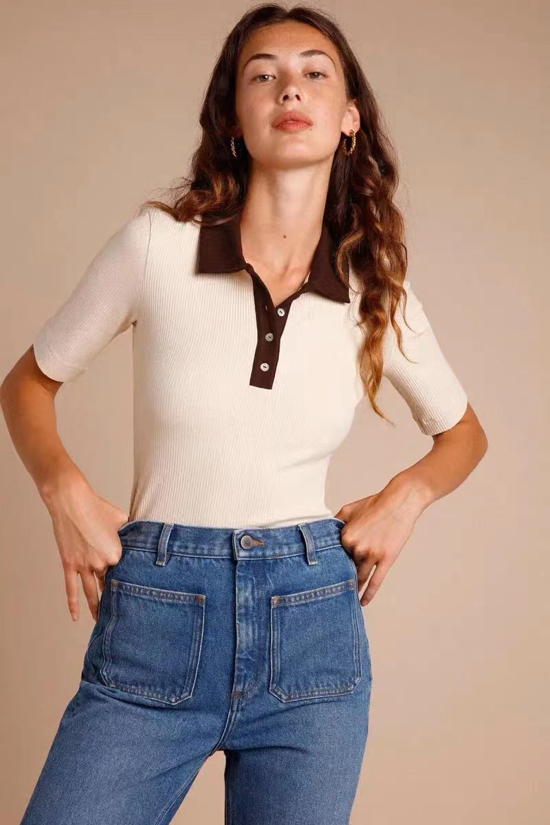Dame Poloshirt med struktureret stof og kontrastkrave Stilla
