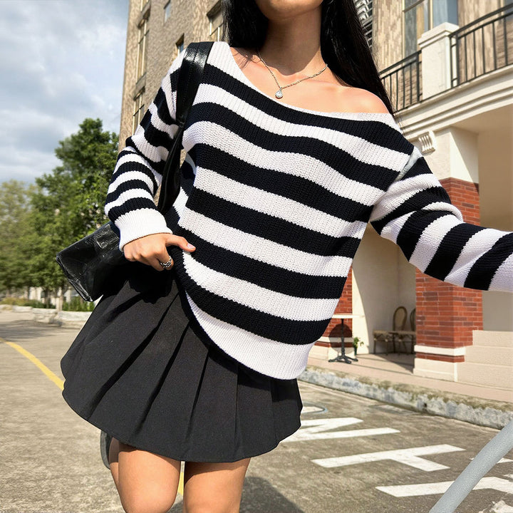 Kvinders Casual Oversized Sweater med Stribet Mønster Stilla