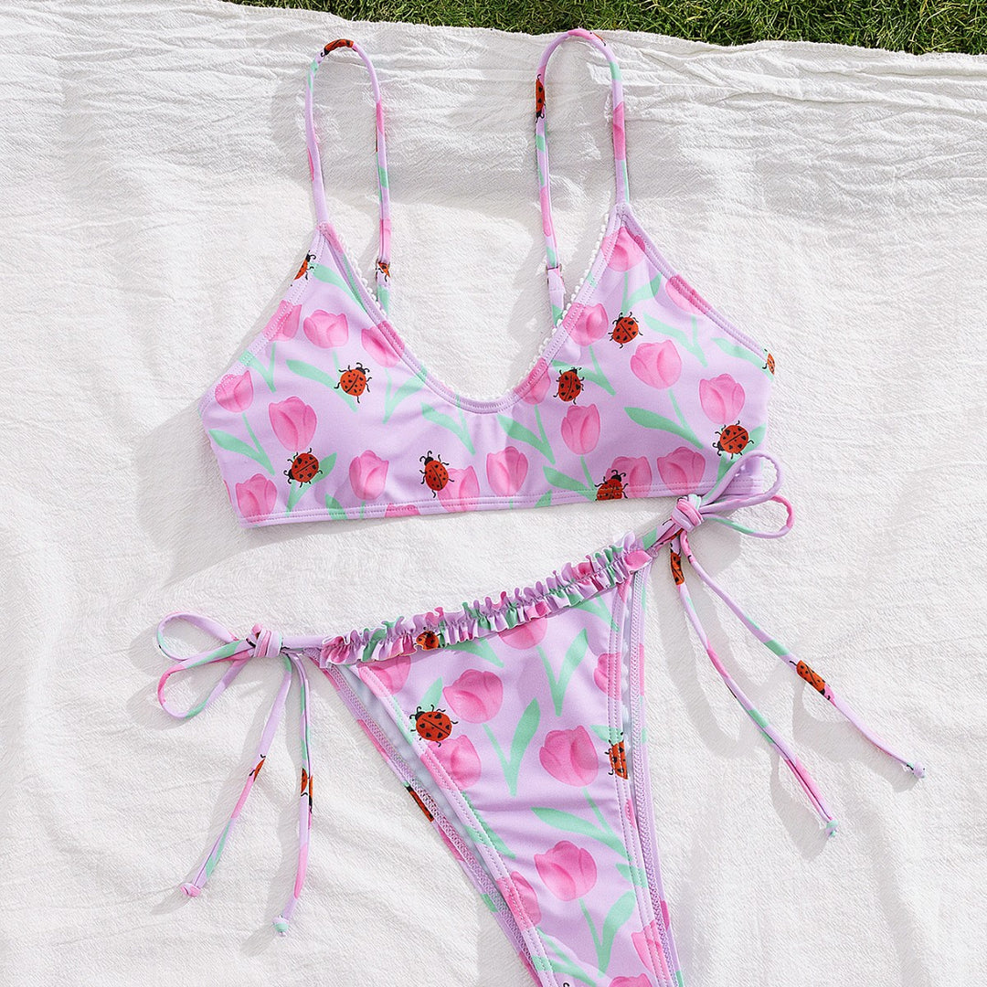 Dame Triangel-Bikini med farverigt blomsterdesign og justerbare bindebånd Skovae