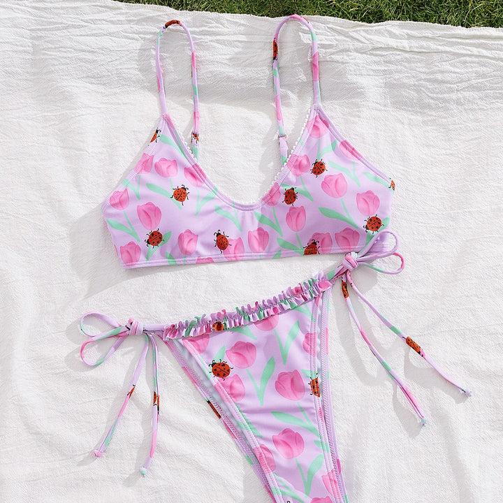 Dame Triangel-Bikini med farverigt blomsterdesign og justerbare bindebånd Skovae
