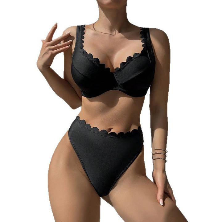 Dame højskåret bikini-sæt med dekorativ bølgekant Skovae