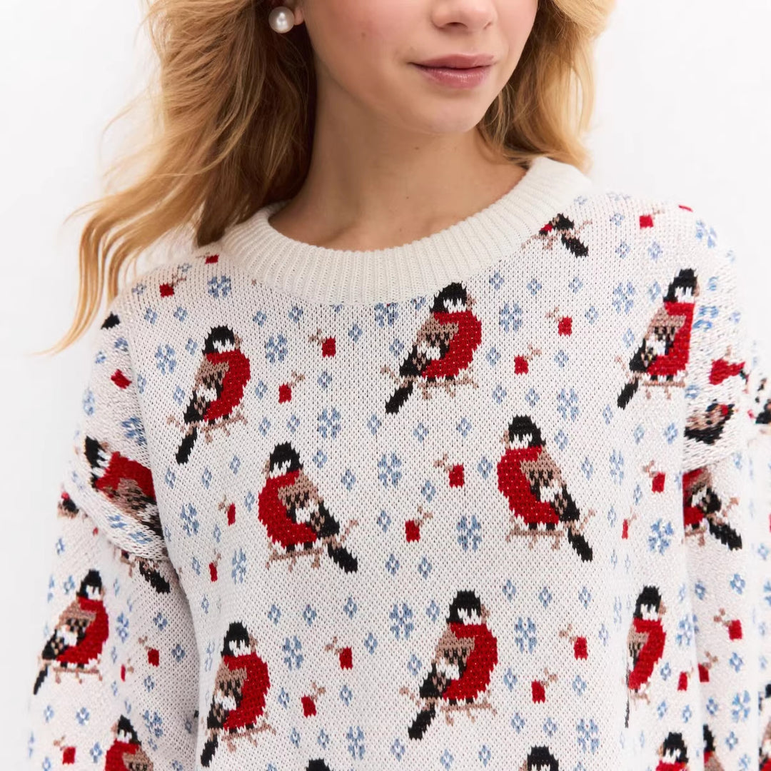 Kvinders hyggelige sweater med festlige små fuglemønster Stilla