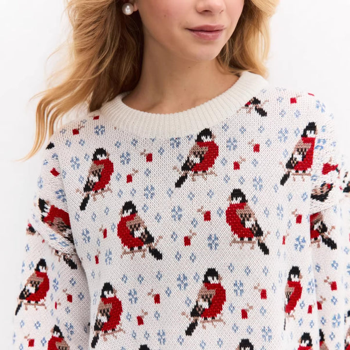 Kvinders hyggelige sweater med festlige små fuglemønster Stilla
