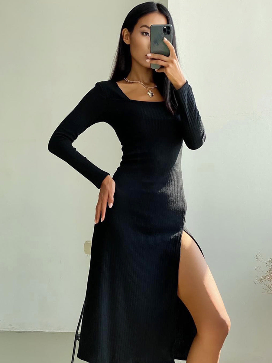 Dame Maxikjole med dyb slids og elegant ribdesign Stilla