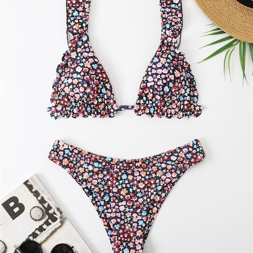 Damer Blomster Rynket Trekant Bikini Sæt Stilla