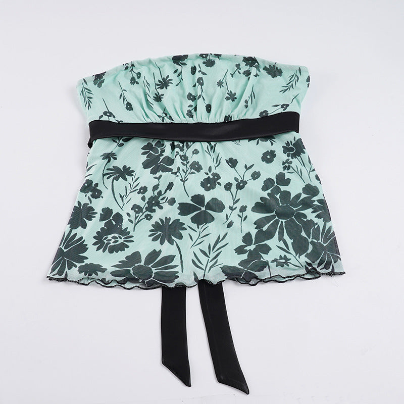 Dame bandeau-top med blomstermotiv og justerbart taljebånd Skovae