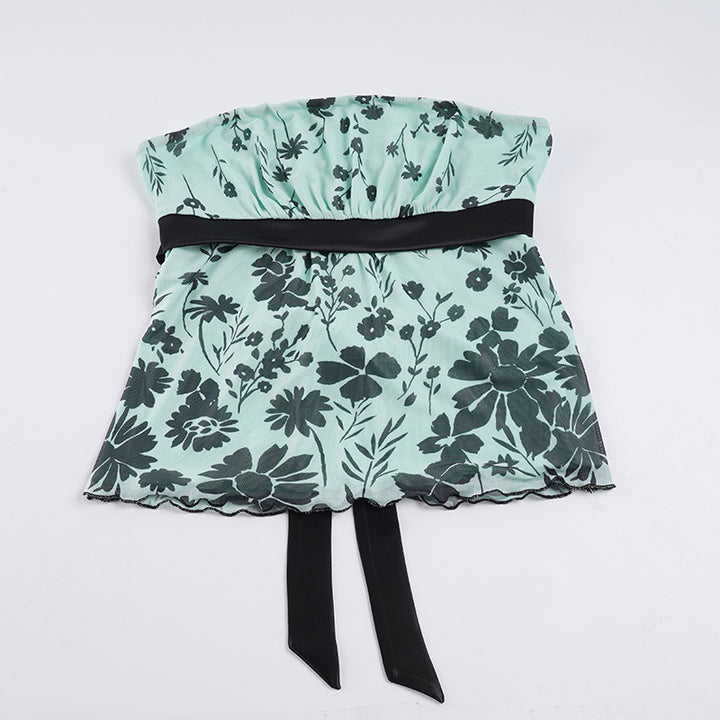 Dame bandeau-top med blomstermotiv og justerbart taljebånd Skovae