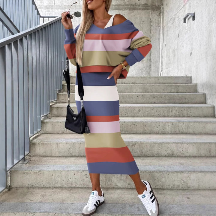 Dame afslappet sweater med asymmetrisk snit og elegant ternet midikjole Stilla